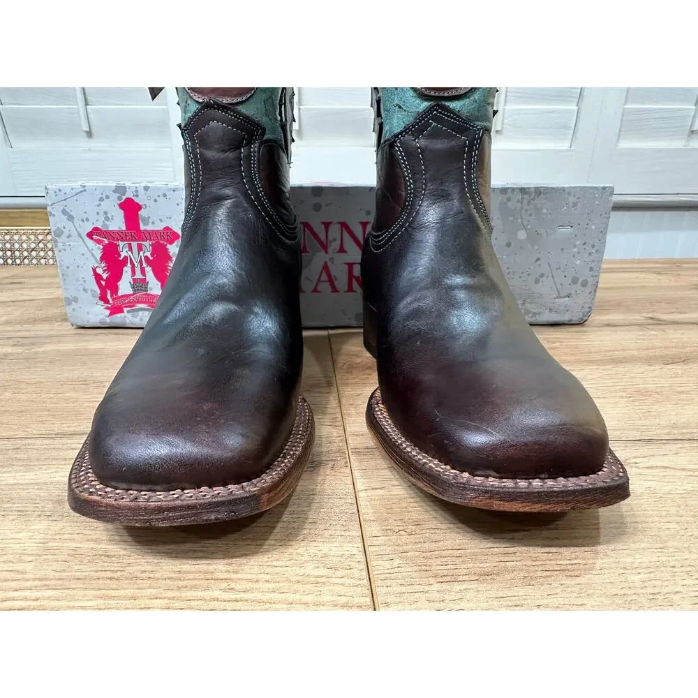 Tanner Mark Men's Cowboy Boots Brown Bronze Teal Leather Size 9 NIB Western